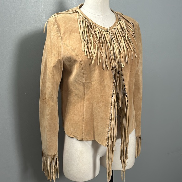 Mixit Suede Leather fringe jacket tan size large vintage - Picture 3 of 17